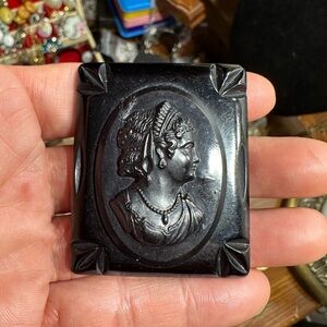 Victorian Black Carved Bakelite Cameo Mourning Brooch